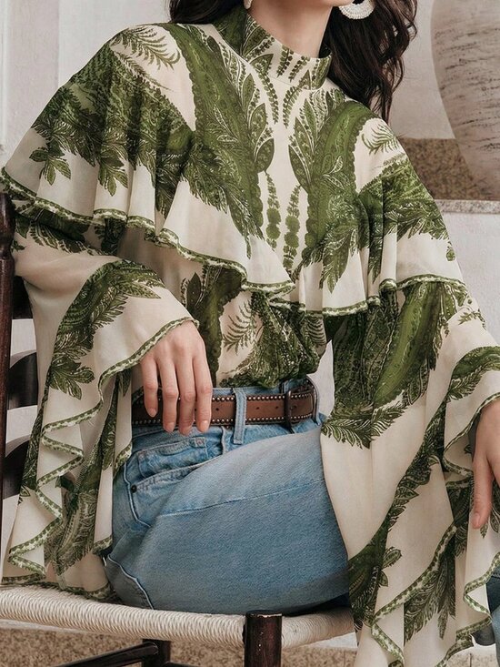 Tops - Green Casual Elegant Women's Flowy Floral Print Long Sleeve Ruffle Hem Blouse